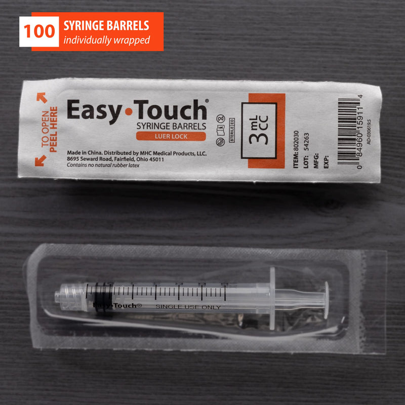 [Australia - AusPower] - EasyTouch Luer-Lock Syringe Barrel, 3ML Syringe, Pack of 100 