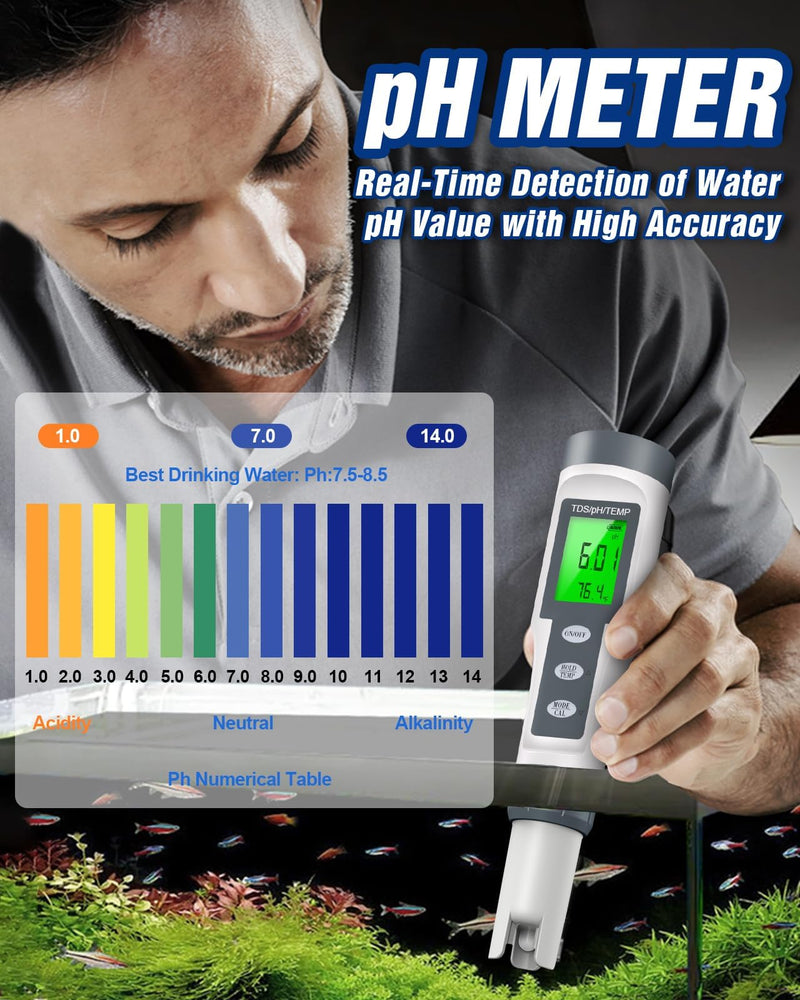 [Australia - AusPower] - pH Meter & TDS Meter, 0.01 High Precision Water Quality Tester TDS/pH/Temp 3-in-1 pH Tester for Water, 0-14 pH Test Range, Easy to Read, Calibrate, PPM Meter for Drinking Water, Wine, Food and Pool White 