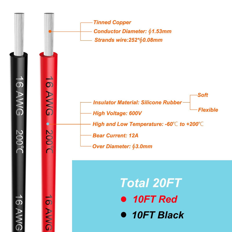 [Australia - AusPower] - Electrical Wire 16 AWG 16 Gauge Silicone Wire Hook Up Wire Cable 20 Feet [10 ft Black and 10 ft Red] - Soft and Flexible 252 Strands 0.08mm of Tinned Copper Wire High Temperature Resistance (16AWG) 2 Colors each 10FT 16AWG 