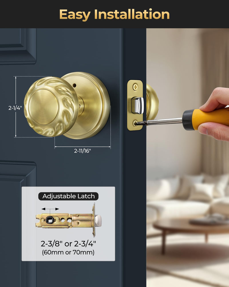 Gold Door Knob Interior, Zinc Alloy Heavy Duty Privacy Door Knobs with Lock for Bedroom and Bathroom, 1 Pack Brushed Gold Interior Door Knobs for Left Right Sided Doors