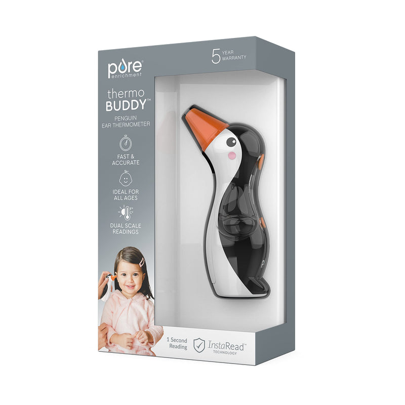 [Australia - AusPower] - Pure Enrichment® PureBaby® Penguin Ear Thermometer - InstaRead™ Technology, LCD Backlit Display, 10 Memory Settings, Dual Scale Readings, Fever Alert, & Cover - Ideal for All Ages, Babies and Children 