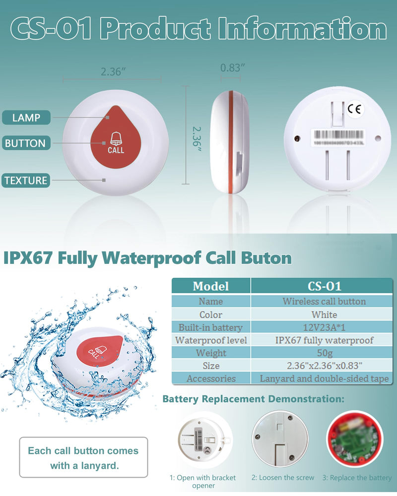 Wireless Calling System Wireless Caregiver Pager Call Button Nurse Alert System with 1 Waterproof Caregiver Watch/5 Call Buttons for Elderly/Patient/Disable at Home 1 watch+5 O1