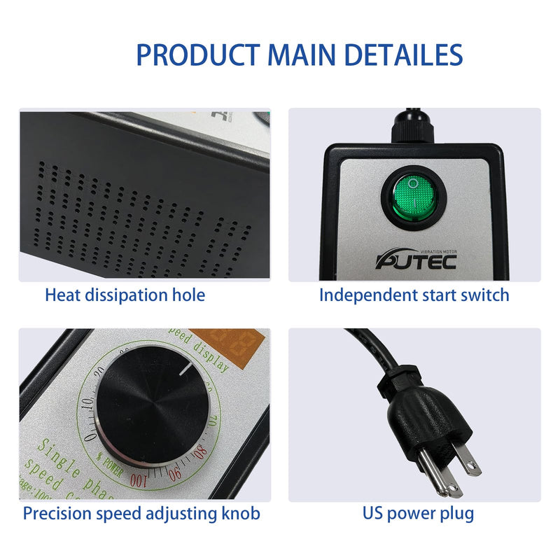 AC Motor Speed Controller Single Phase 110V/220V Vibration Motor Governor Supports Low Speed Start for 30W-120W Moto