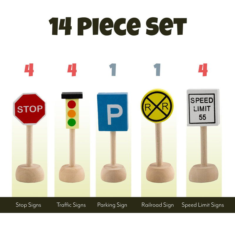 Attatoy Kids Wooden Street Signs Playset (14-Piece Set), Wood Traffic Signs Perfect for Car & Train Set 14 Piece Set