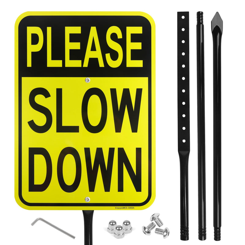 Large Please Slow Down Sign with 54" Metal Stake, 17"x 12" .040 Aluminum Sign - Reflective, UV Protected and Weatherproof