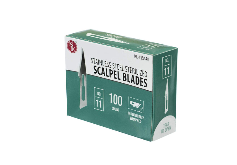 SE Sterilized Scalpel Blades #11, 100-Pack - 440 Stainless Steel, Individually Wrapped for Crafts, Surgery, and Lab Use - BL-11S440