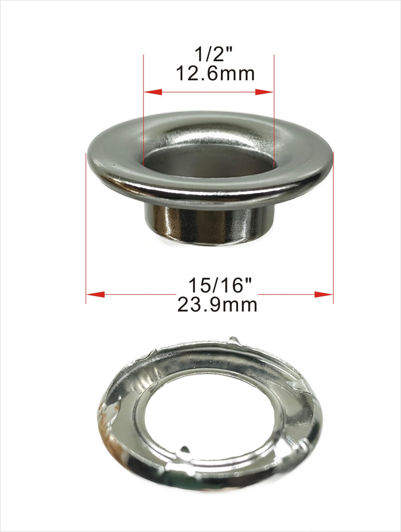 316 Stainless Steel Rolled Rim Grommet and Spur Washer Set – 1/2" Inner Diameter, Heavy-Duty Marine Grade Rustproof Eyelets, 50 Sets for Tarps, Canvas, Leather, Outdoor & Industrial Use