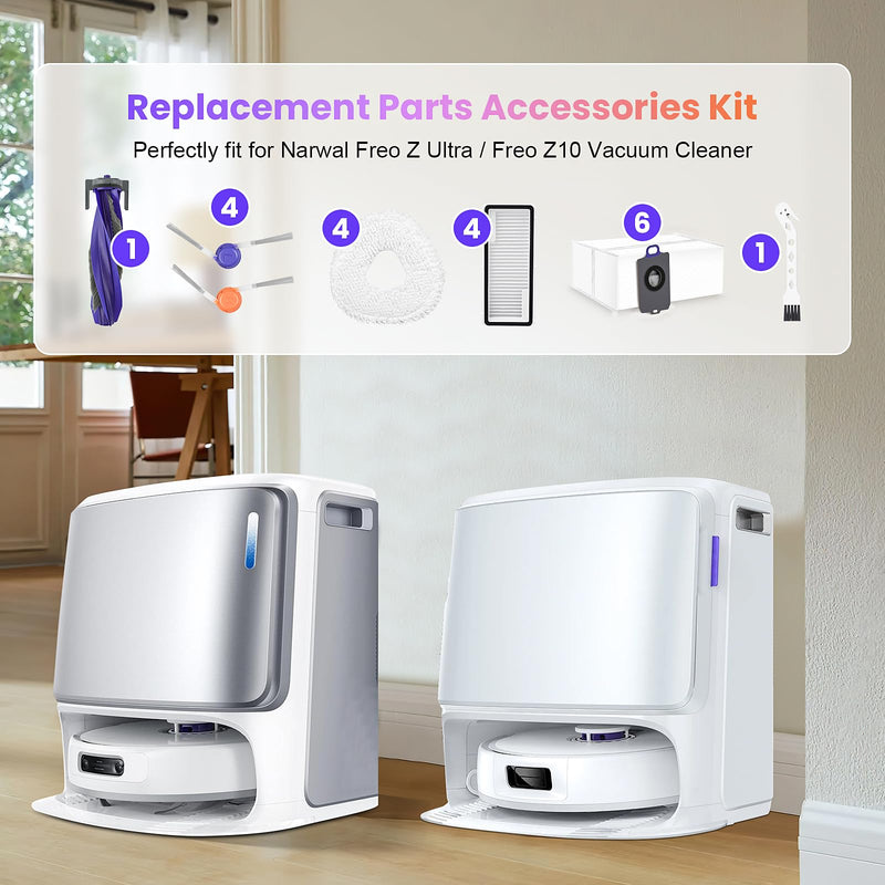 [Australia - AusPower] - 20 Pcs Accessories kit for NARWAL Freo Z10 Ultra/NARWAL Freo Z10 Robot Vacuum Cleaner, 1 Main Roller Brush, 6 Dust Bags, 4 Hepa Filters, 4 Mop Pads, 4 Side Brushes, 1 Clean Tool 20 Pcs for NARWAL Freo Z10 Ultra/Z10 