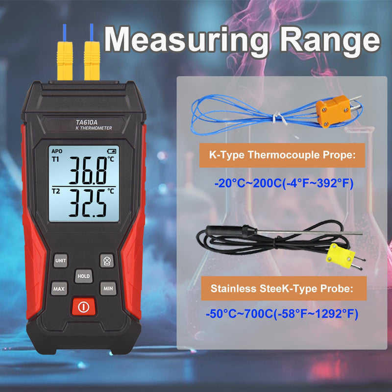 [Australia - AusPower] - Thermocouple Thermometer, Digital Dual Channels Thermocouple with 4 K-Type Thermocouple Probes LED Backlight Display -328~2501℉ Measuring Range K Type Temperature Tester Red 