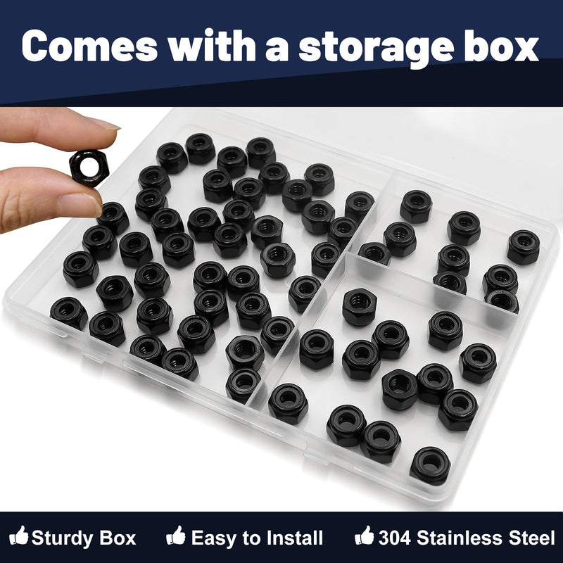 [Australia - AusPower] - ZQZ 1/4"-20 Black Nylon Lock Nuts, 65PCS 304 (A2-70) Stainless Steel Nylon Insert Locknuts, Black Oxide, Coarse Thread Nylock Nuts 1/4-20, 65pcs 