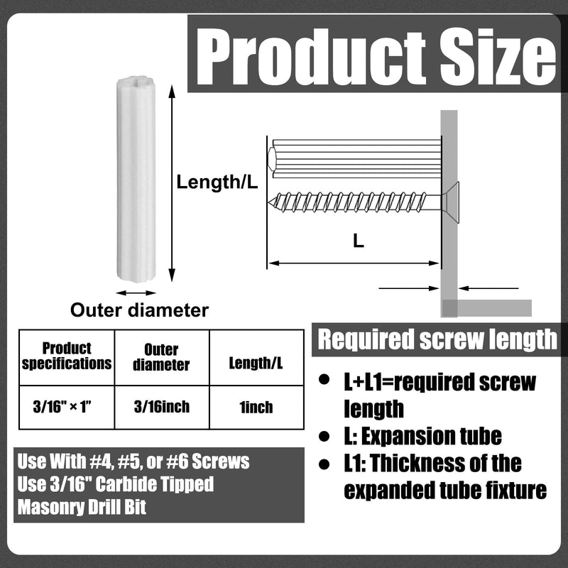 [Australia - AusPower] - 200 Pcs Expanding Plastic Screw Anchors 3/16" Hole White Plastic Anchors for Concrete Masonry Tile Cement Bolt Expansion Tube for #4,5,6 Screws, Fix to Wall Drywall or Other (1") 1" 