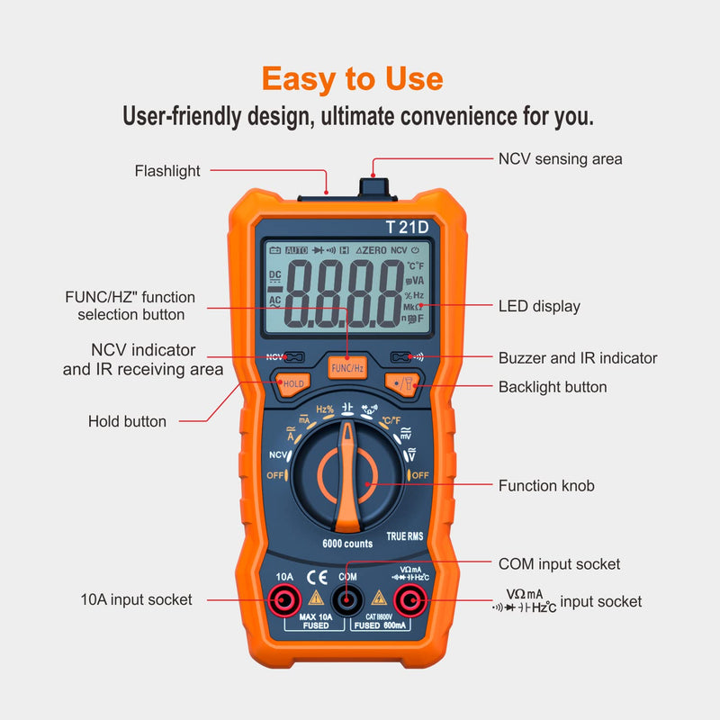 [Australia - AusPower] - Auto-Ranging Digital Multimeter, TRMS 6000 Counts AC DC Voltmeter Ohm Volt Amp Meter, Electrical Multimeter Tester with NCV, Measure Capacitance Current Resistance Temp Continuity Diode Duty Cycle up to 600V/10A 