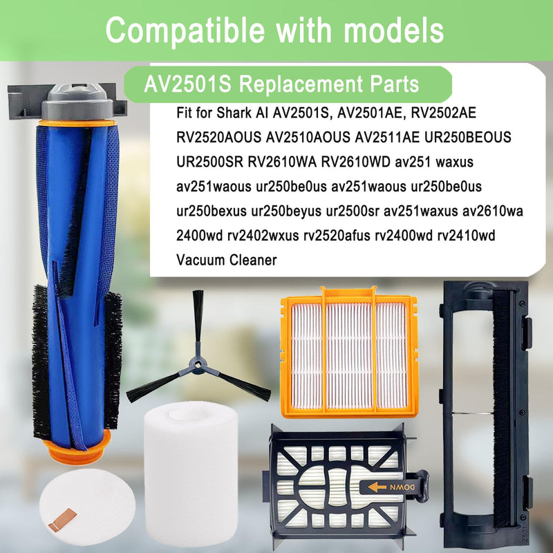 Replacement Parts for Shark AI AV2501S AV2511AE AV2610WA AV2501AE RV2502AE RV2400WD AI Ultra 2- in-1 Robot Vacuum, Main Brush, Filter, Side Brush, Roller Cover, Pre-Motor Foam & Felt Filter AV2501S Parts Kit