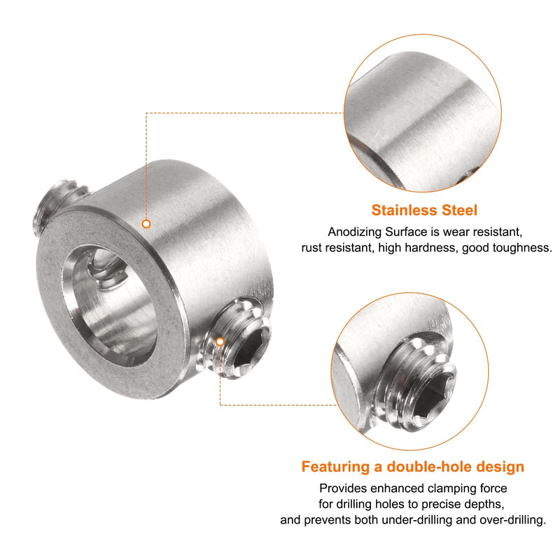 [Australia - AusPower] - 4pcs 7mm Drill Stop Collar Set Depth Stop, Adjustable Stainless Steel Drilling Limit Ring, Anodizing Surface Dowel Shaft Chuck Positioner with Hex Wrench, Silver 