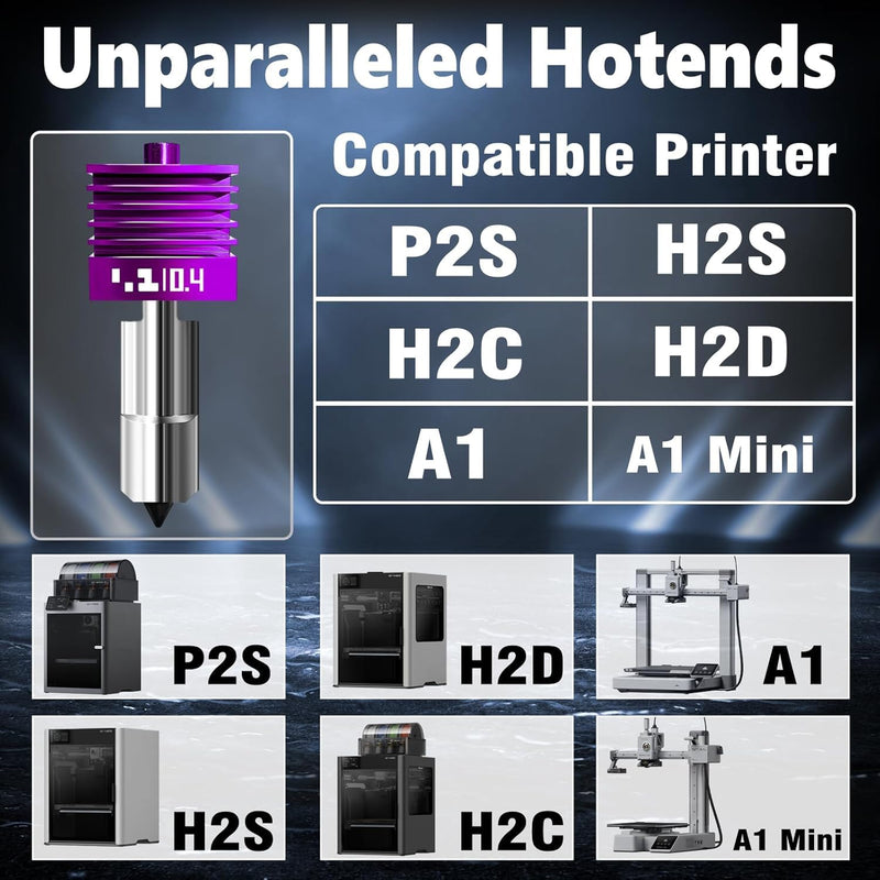 Upgraded 0.4mm H2D/H2S/H2C/P2S/A1/A1 MINI Hotend with Anti-Stick MPVD Coating - High Speed Hardened Steel P2S Nozzle for Bambu Lab P2S,H2/A1 Series 3D Printers, Bamboo Lab Parts & Accessories 0.4mm Hotend*1