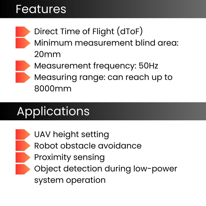 [Australia - AusPower] - AERO SELFIE Infrared Ranging Module TF-0850 dToF Sensor for Drones & Robots, ranging 20mm to 8000mm with ±2cm Accuracy, UART/I2C, 1.8g, 50Hz, 940nm, Obstacle Avoidance and Proximity Sensing 