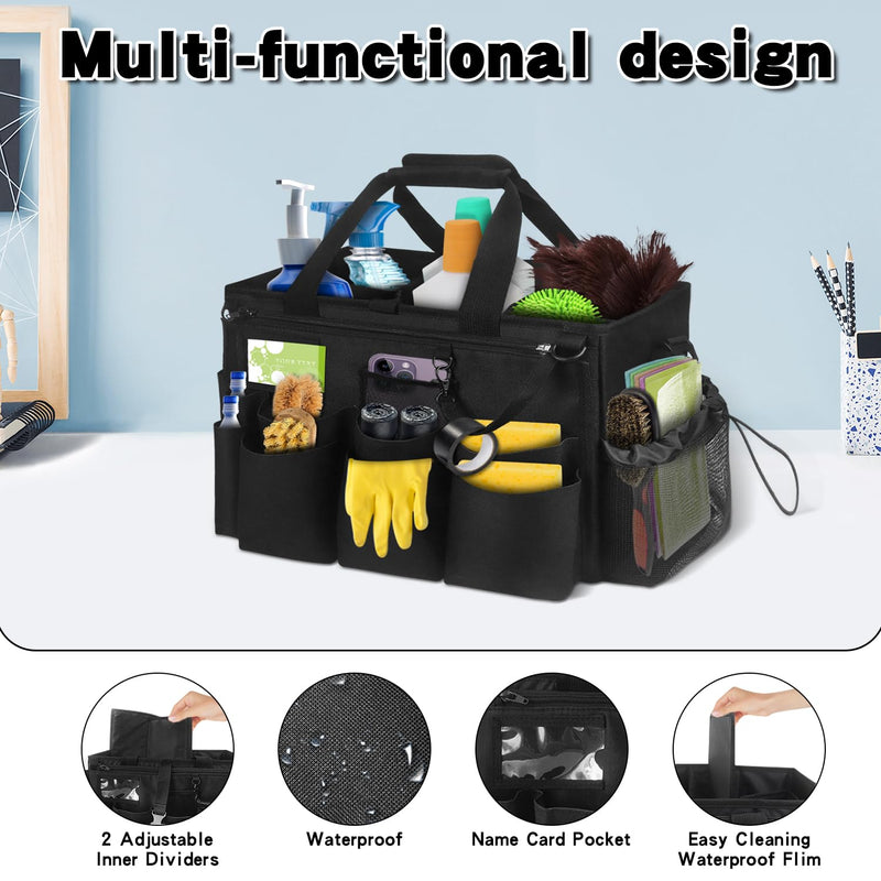 Grekos Wearable Cleaning Caddy Bag, Cleaning Caddy Suppliers Organizer with 4 Foldable Dividers, Handle & Shoulder Straps Cleaning Tool Organizers for Cleaners & Housekeeper (Black) black