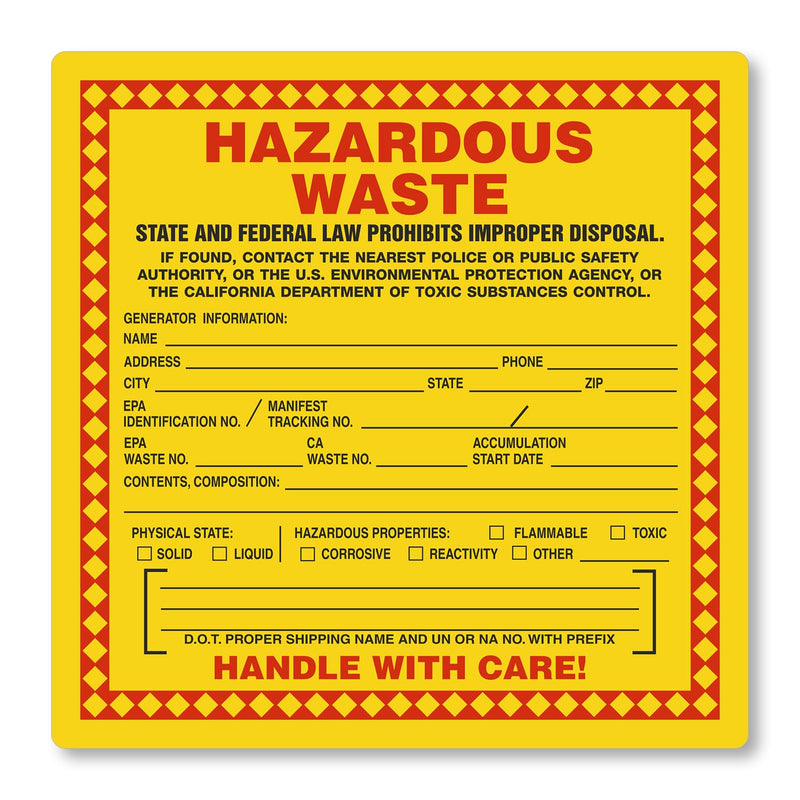 SmartSign (100-Pack) California Hazardous Waste Handle with Care Labels, 6" x 6", Write-On Plastic Labels, Drum Labels with Permanent Adhesive, Red/Black with Yellow Hazardous Waste - 4