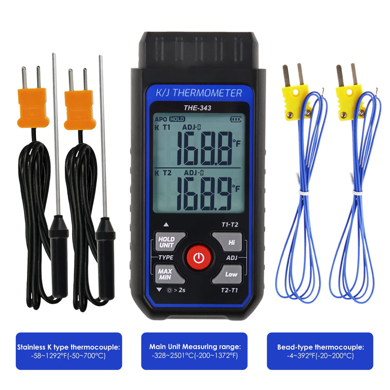 [Australia - AusPower] - Thermocouple Thermometer, Digital K Type Thermometer with 4 Thermocouples, -328~1370°C Measuring Range HVAC Thermometer Dual Channels, Temperature Meter LED Backlight and ADJ Compensation 2-channel thermometer 