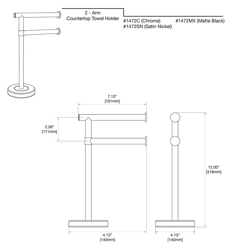Gatco 1472C Latitude II Minimalist Bathroom Counter Top 2-Arm Pivot Hand Towel Holder, 12" Height, Chrome