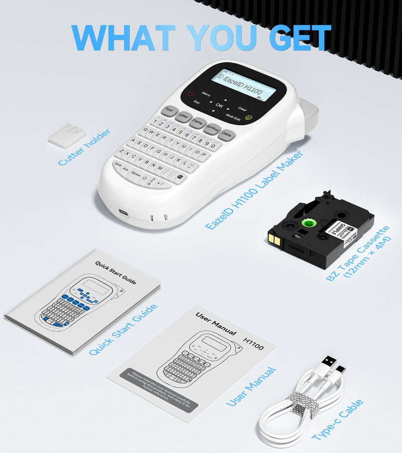 Label Maker Waterproof-Labels, Handheld Label Maker Machine with-Tape 12mm 0.47 Laminated White, Backlit Screen Multiple Fonts & Symbols, Portable Keyboard Labeler for Home Office School Use, H1100
