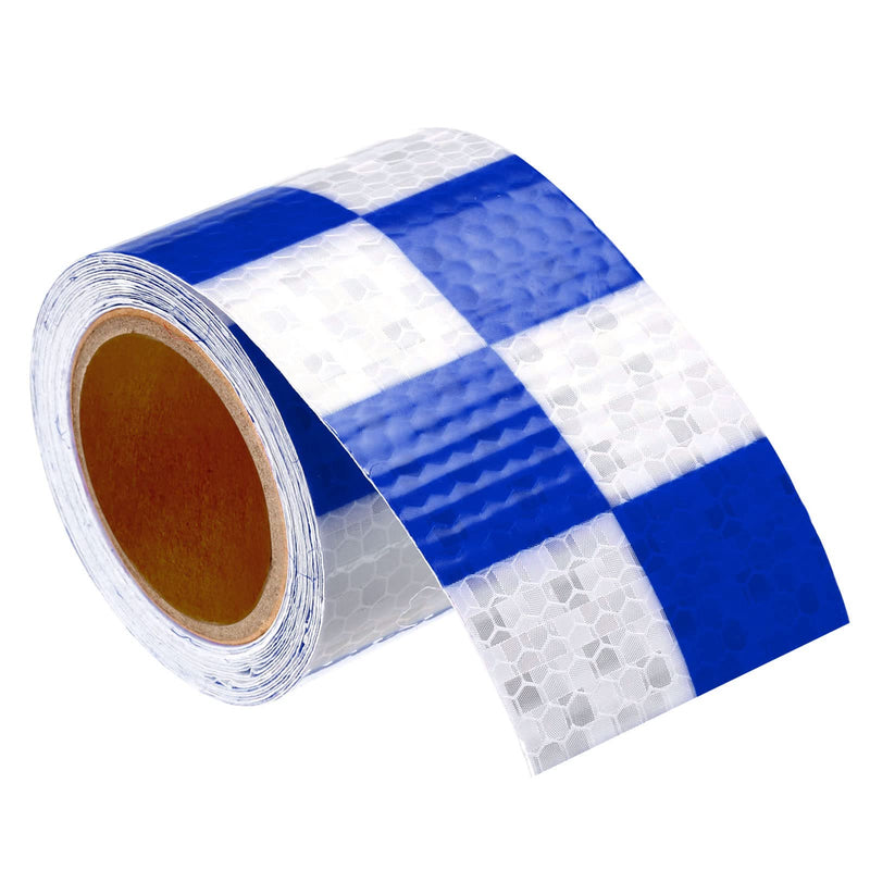 PATIKIL Reflective Tape, 1 Roll 10 ft x 2-inch Waterproof Adhesive High Visibility Caution Warning Safety Tape Reflector for Trucks Trailers Cars, Square Blue White