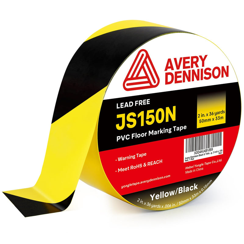 Avery Dennison Safety Floor Tape 2 Inch x 108 FT, Heavy-Duty PVC Forklift-Resistant, High-Visibility Reflective for Warehouse/Factory/Parking, Black & Yellow, ROHS/Reach Certified (1 Roll) Black&Yellow 1