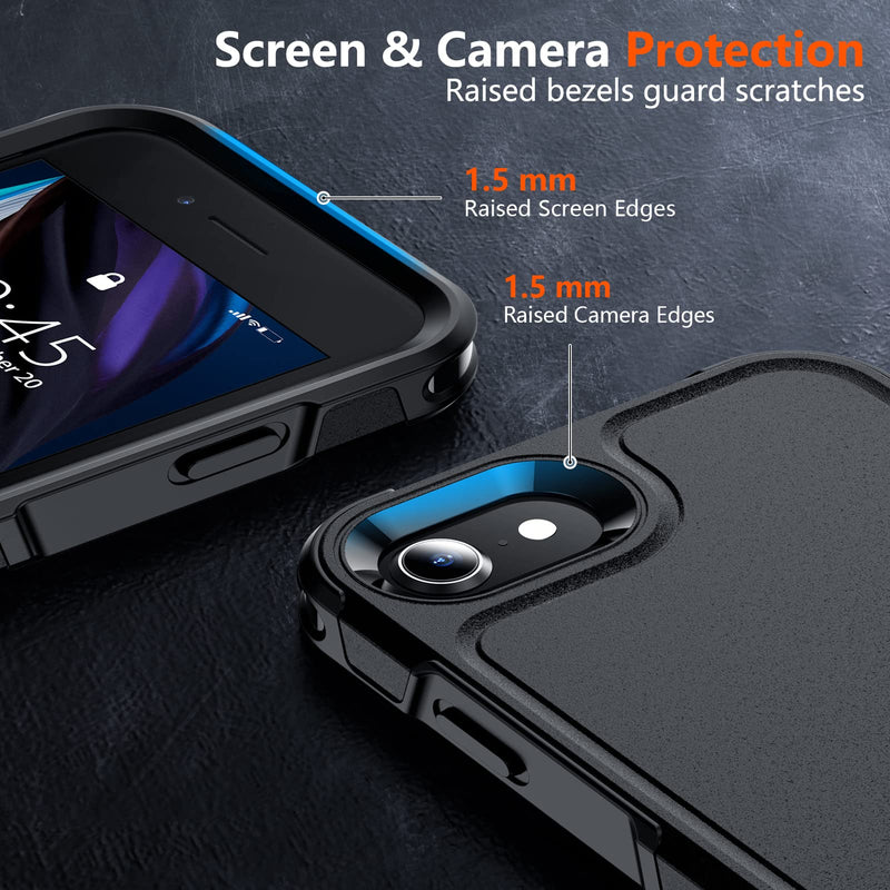 [Australia - AusPower] - xiwxi for iPhone SE Case 2022/3rd/2020,iPhone 8/7 Case,with [2xTempered Glass Screen Protector] [360 Full Body Shockproof] [Heavy Dropproof],Hard PC+Soft Silicone TPU+Glass Screen Phone Case-Black Black 