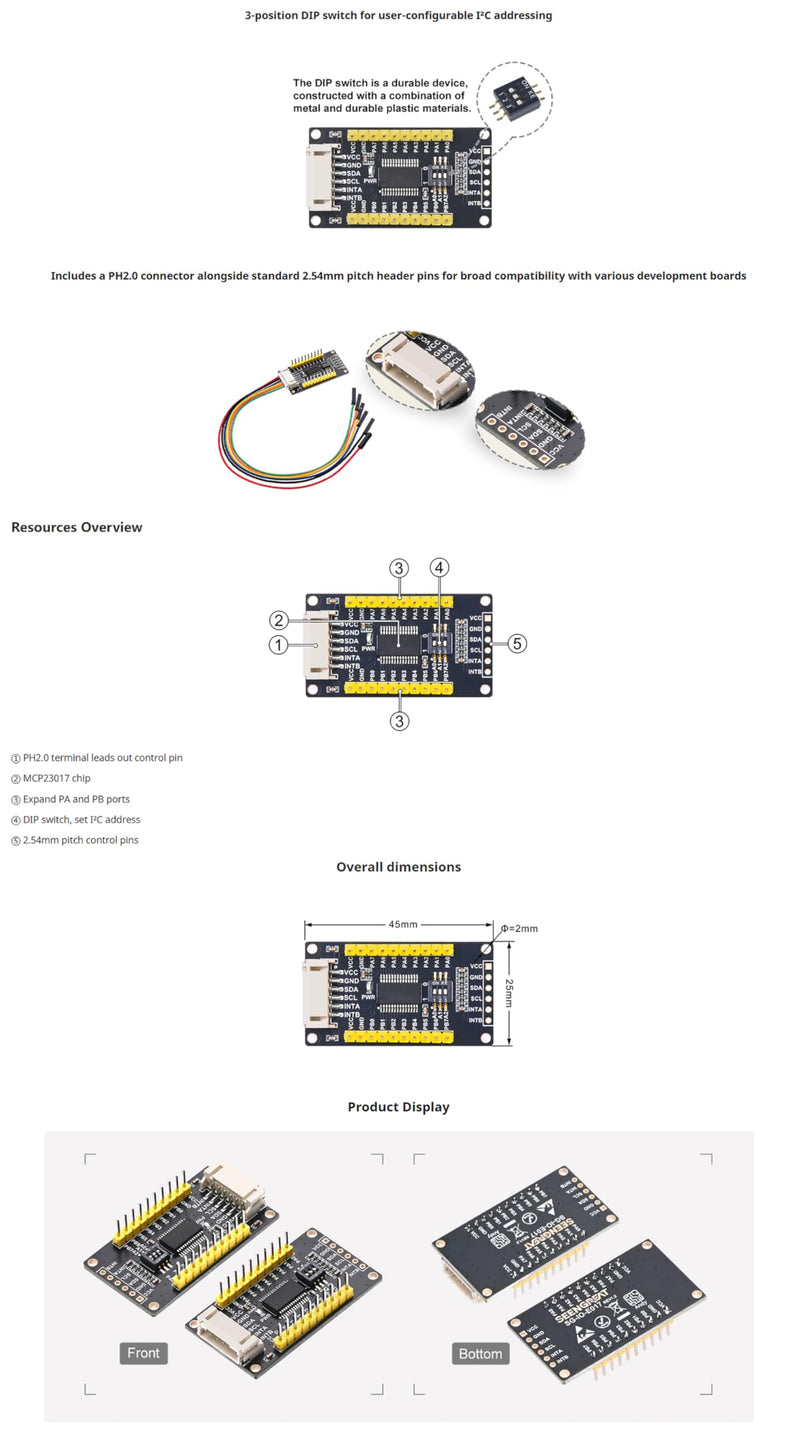 MCP23017 IO Expander Module I2C Interface Expands 16 I/O Pins for Ardui/Stm32/Raspberry Pi Zero W Zero WH 2B 3B 3B+ 4B, 3.3V and 5V Levels, 3-Digit DIP Switch