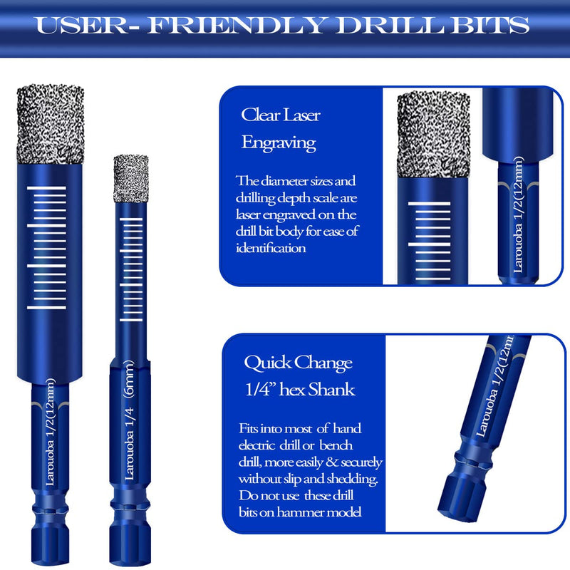 10Pcs 1/4" Dry Diamond Drill Bits Set, 6mm Diamond Drill Bits for Tile Ceramic Marble Porcelain Stone Glass(not for Wood)(Blue) 1/4 in Blue