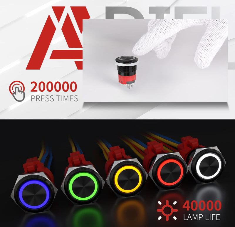 [Australia - AusPower] - APIELE 10 Amp 22mm Momentary Push Button Switch 12V Angel Eye LED Waterproof Round Self Reset 7/8'' 1NO 1NC (Black Aluminum, Red) Black Aluminum 