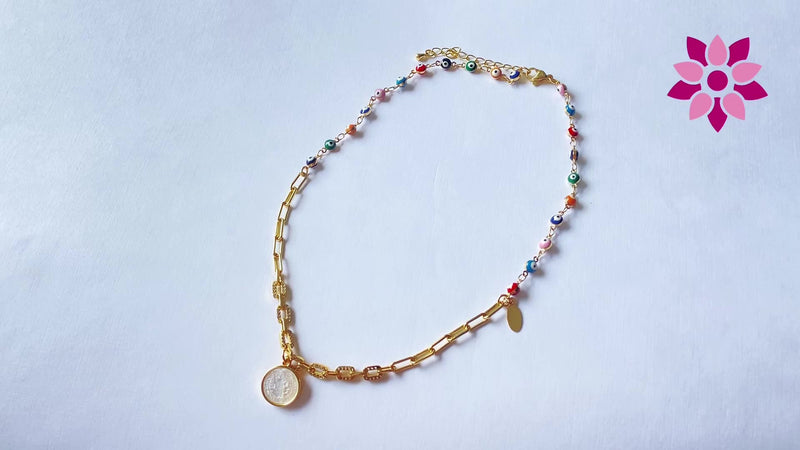 SIFRIMANIA Evil Eye Saint Benedict Shell Necklace Gold Plated CZ Paperclip Chain Choker