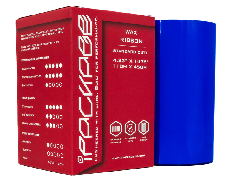Thermal Transfer Wax Ribbon 4.33" x 1476' (110mm x 450m) 1 roll | Industrial Barcode & Shipping Label Printing | Zebra, TSC, GoDex, Citizen Compatible | 1" Core, Ink Out (450m)