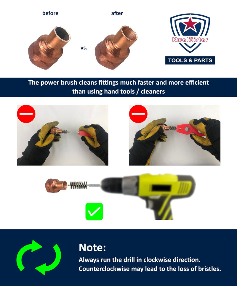 [Australia - AusPower] - 3-Size[6pc] Fitting Cleaning Brush Set (1/2, 3/4, 1.0-inch) Copper Pipe Cleaner for Power Drill, Stainless-Steel Wire Bore Brush, Metal Tube Brushes, Prep Copper/Bronze/Brass Fittings for Soldering 