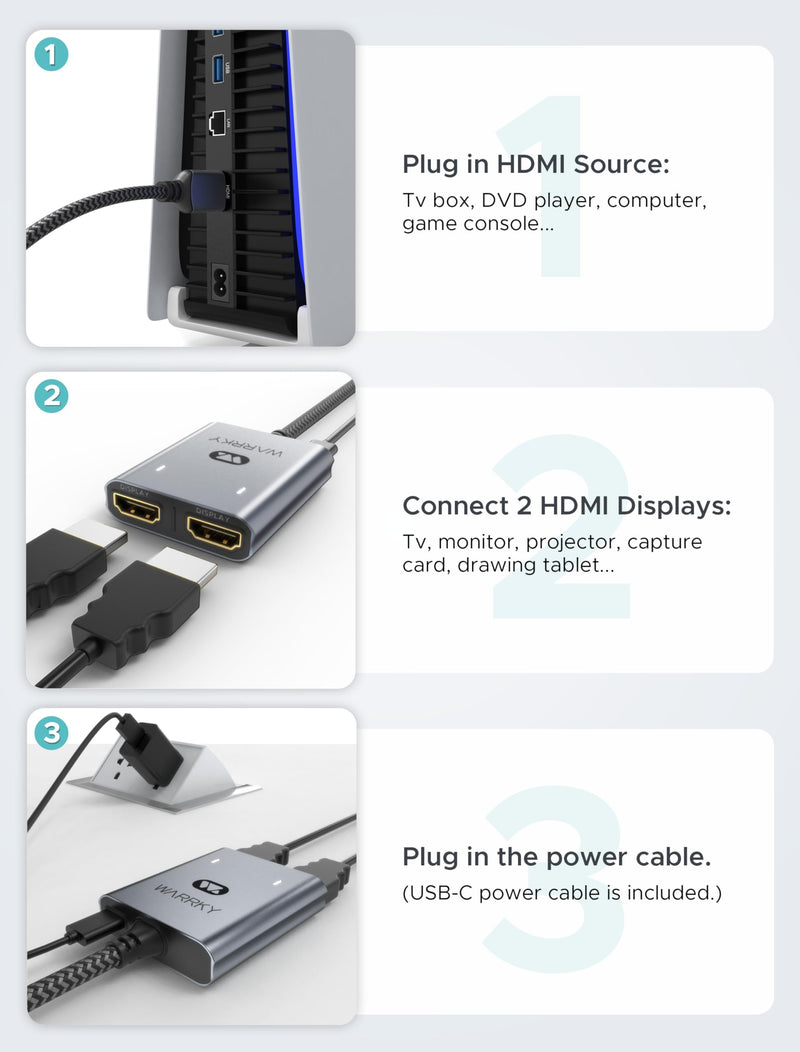 [Australia - AusPower] - HDMI Splitter 4K, 1x2 HDMI Display Duplicate/Mirror, WARRKY HDMI Splitter 1 in 2 Out [Metal Shell, 3.3 Ft Braided HDMI Cable, LED Indicators], USB-C Powered Splitter, 1 Source to 2 Identical Displays 