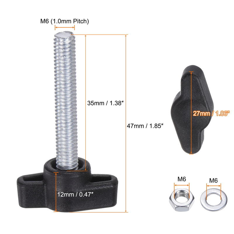 [Australia - AusPower] - HARFINGTON 16pcs Tee Wing Knobs M6 x 35mm Metric Thread 27mm Z/T Head Plastic Handles Thumb Screws Hand Clamping Threaded Stud Knob Grip Thumbscrew with Nuts Washers, Black 