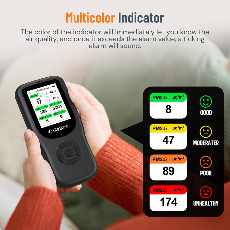 [Australia - AusPower] - LifeBasis Air Quality Monitor Indoor, 11-in-1 Air Quality Detector with Stand, Real-Time Air Meter Test AQI, PM1.0, PM2.5, PM10, CO2, TVOC, HCHO, Particles, Temperature and Humidity, Dual Alert -Black 