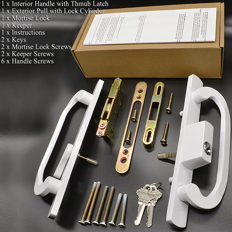 Patio Sliding Glass Door Handle Set with Mortise Lock 45° Keyway, Keyed Offset Position Zinc Diecast I/E Pull Handles, Fits 3-15/16" H.C., 1-3/8" to 2-1/4" Thick Doors, Non-Handed, White