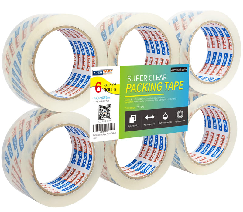 ADHES Packing Tape Shipping Tape Packaging Tape for Moving Boxes Heavy Duty Clear, 55M Per Roll 1.88 Inch Width,2.7Mil 1.88in x 60yd x 2.7mil 6