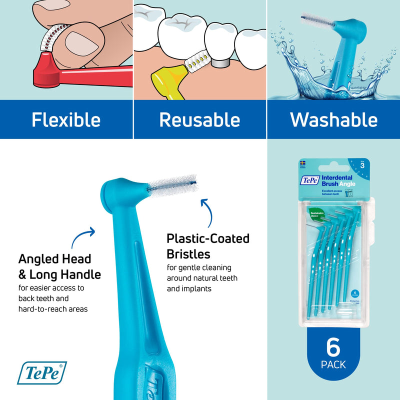[Australia - AusPower] - TEPE Interdental Brush Angle, Angled Dental Brush for Teeth Cleaning, Pack of 6, 0.6 mm, Medium Gaps, Blue, Size 3 