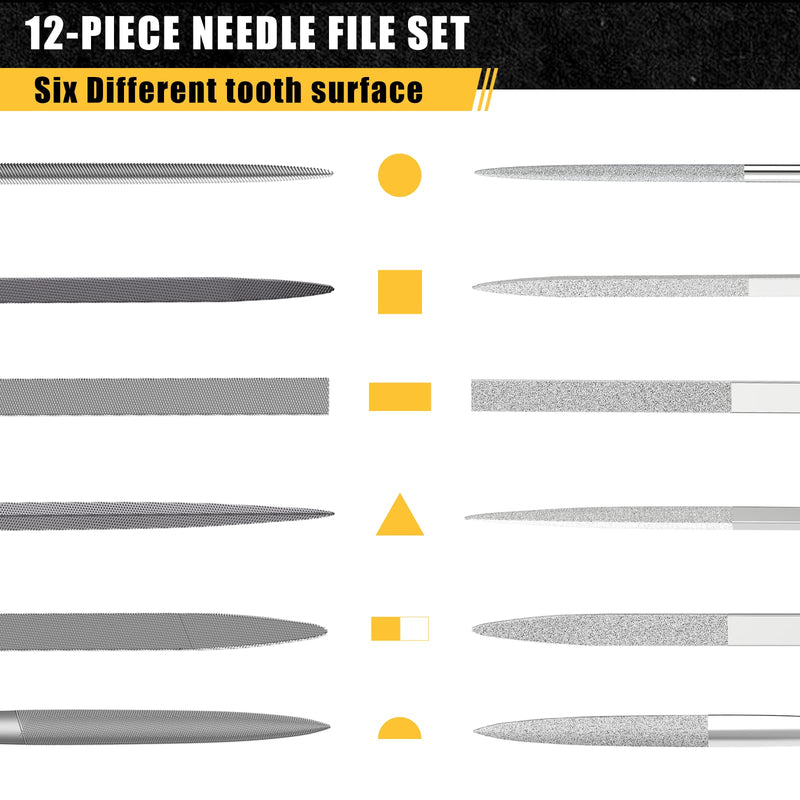 [Australia - AusPower] - 12PCS Needle File Set with Tool Bag, Small File Set Includes 6pcs Jewlers Files & 6 Steel Files for Metal, Jewlers, Wood, Leather and Plastic Needle File - 12 pcs 