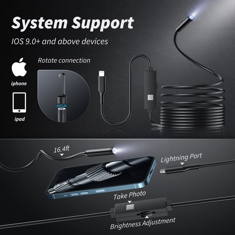 [Australia - AusPower] - Inspection Camera - Endoscope Camera with Light, 1920P HD Bore Scope Borescope with 8 Lights, Waterproof 16.4FT Semi-Rigid Cord for Pipe Inspection, Industrial Endoscope for Phones(Black) Single Line 