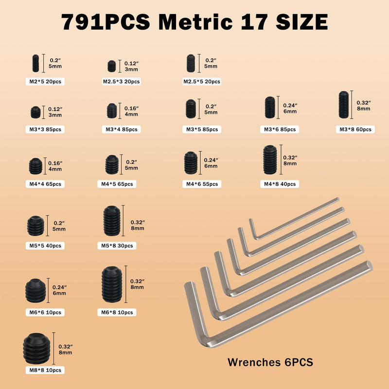 [Australia - AusPower] - 791PCS Set Screws, 17Sizes Metric Set Screw Assortment Kit, M2/2.5/3/4/5/6/8 Stainless Steel Grub Set Screws, Internal Hex Drive Cup-Point Screws for Bathroom Fixtures, Door Handles, Alloy Steel Black 791PCS 17Size Metric 