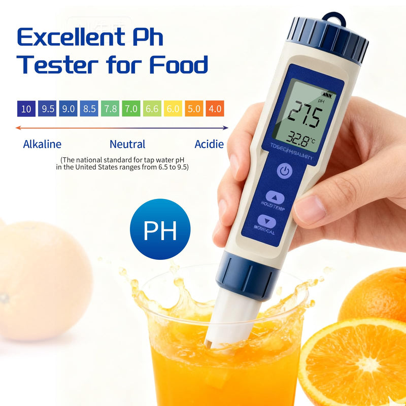 [Australia - AusPower] - ZuanXin Pool pH Meter, 5 in 1 Salinity Tester with PH/Salinity/TDS/EC/Temperature Function, TDS Tester for Drinking Water, Hot Tubs, and Spas bule 