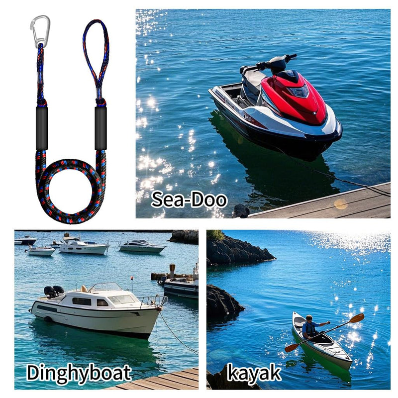 4-5.5ft, Bungee Dock Line with Stainless Steel Clip Safe Boat Rope Mooring String with Foam Float for Pontoon, Boat Accessories, Sea Doo,2 Pack (Red&Black&Blue) Red&Black&Blue 4FT-1Hook