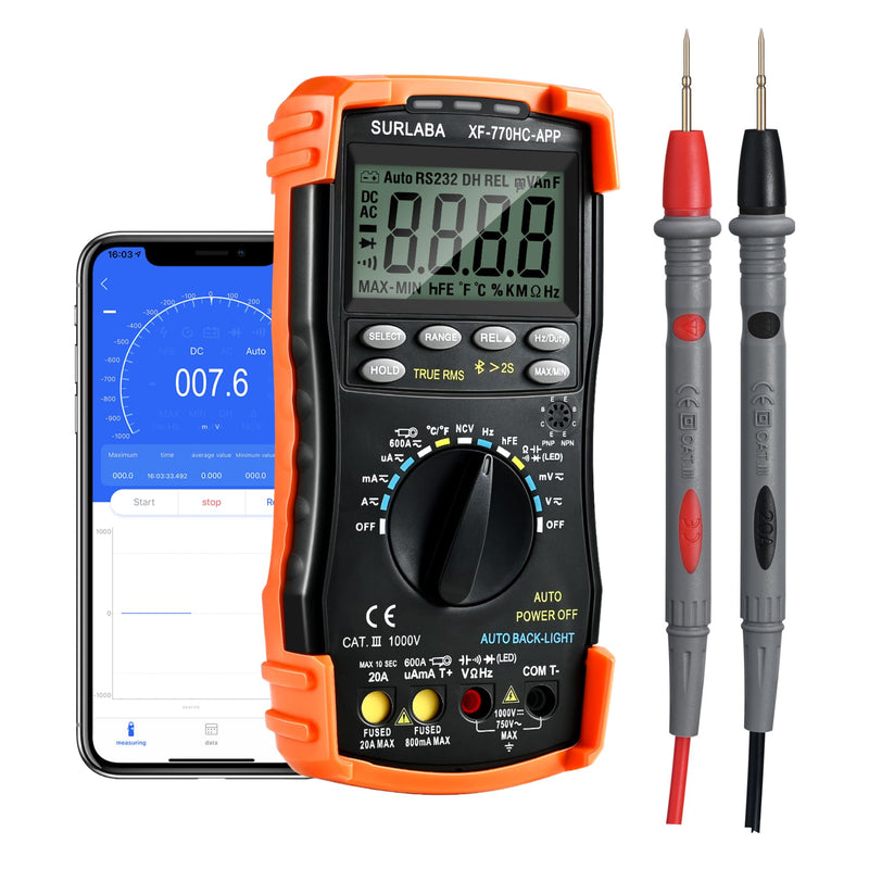 [Australia - AusPower] - 6000 Counts Bluetooth Digital Multimeter, Auto-ranging TRMS Volt Meter for AC/DC Voltage, Current, Resistance, Diode Test, Temperature, Capacitance with Lamp NCV, Orange 