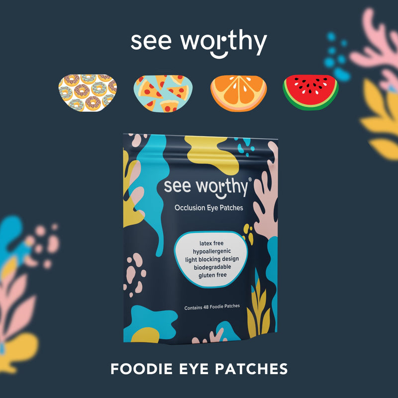 [Australia - AusPower] - See Worthy Foodie Eye Patches - Innovative, Smart Adhesive Technology - Breathable & Comfortable Eyepatch for Lazy Eye - Soft Eye Patches, Concave Shape & Fun Designs (48 per Box) Packaging May Vary O 