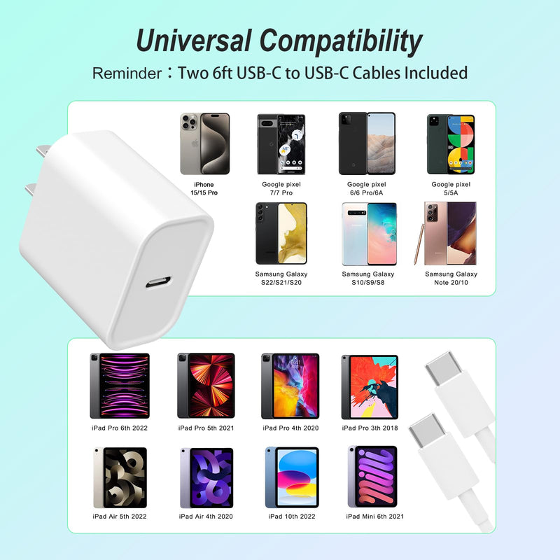 [Australia - AusPower] - Phone 15 Charger [MFi Certified] 2 Pack 20W USB C Fast Wall Charger Block with 2 Pack 6 FT USB-C to C Cable for iPhone 15/iPad Series, Galaxy, AirPods Pro 6FT 