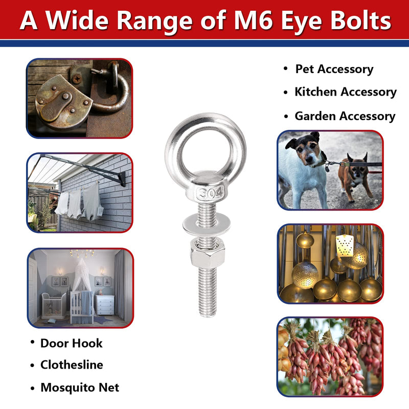 [Australia - AusPower] - Lifting Shoulder Eye Bolts, Ekunbuy Screw Bolt 304 Stainless Steel Heavy Duty Lifting Ring Threaded Eyebolts with Washers and Nuts for Indoor Outdoor 1/4"-26 x 2.66" 4 
