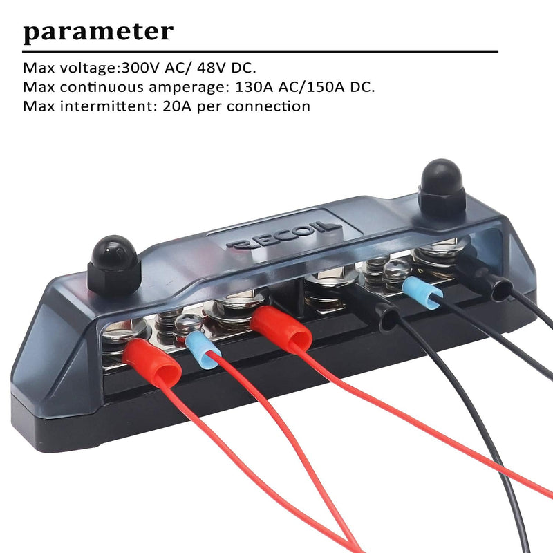 RECOIL BBPG4 Bus Bar Positive and Negative 4 x 5/16” Studs and 4 x #8 Screw Terminals Power Distribution Block Busbar with Ring Terminals 250 Amp Rating